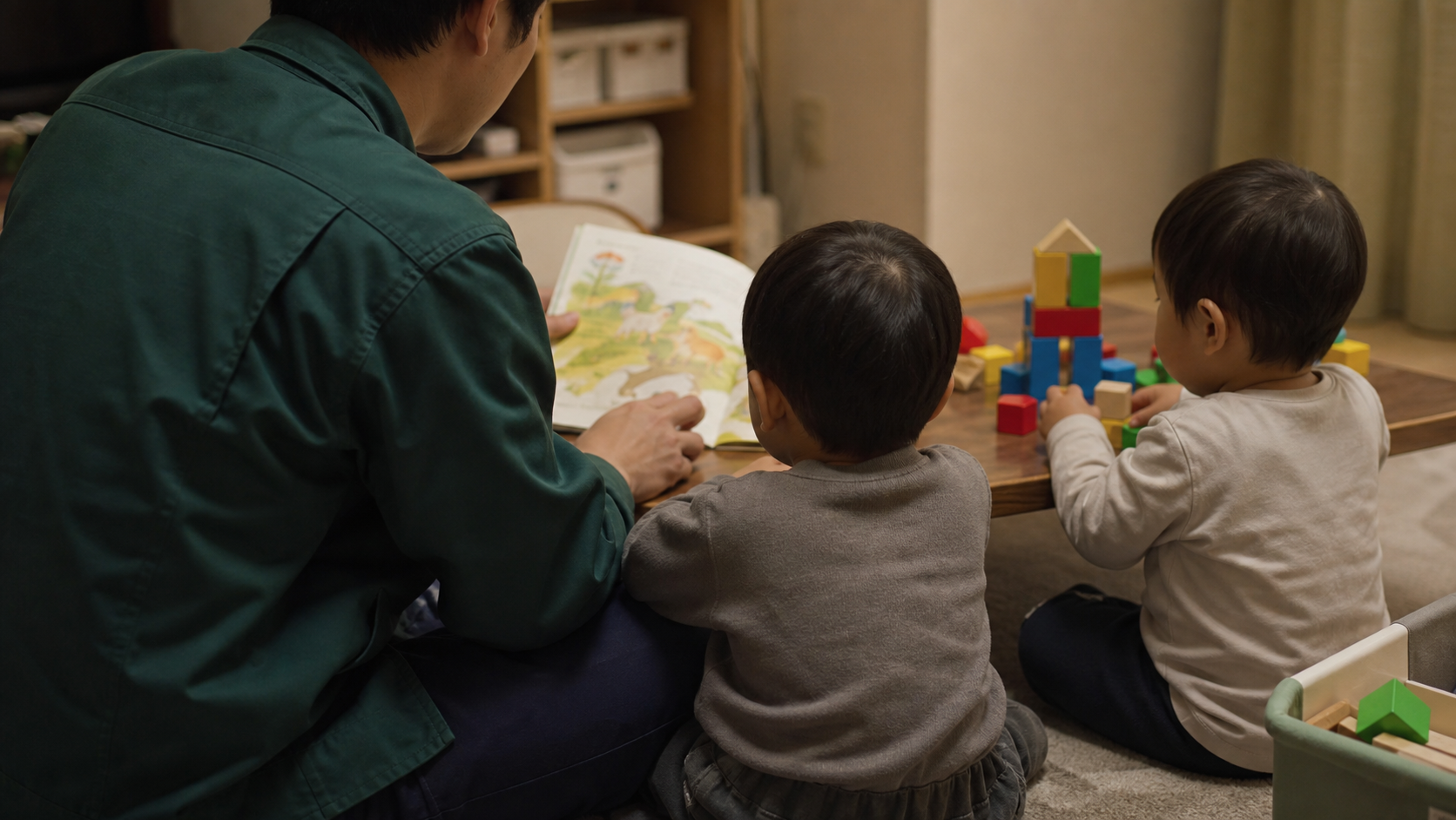 帰宅後に5歳と2歳の子どもと絵本やブロックで遊ぶ父親の後ろ姿