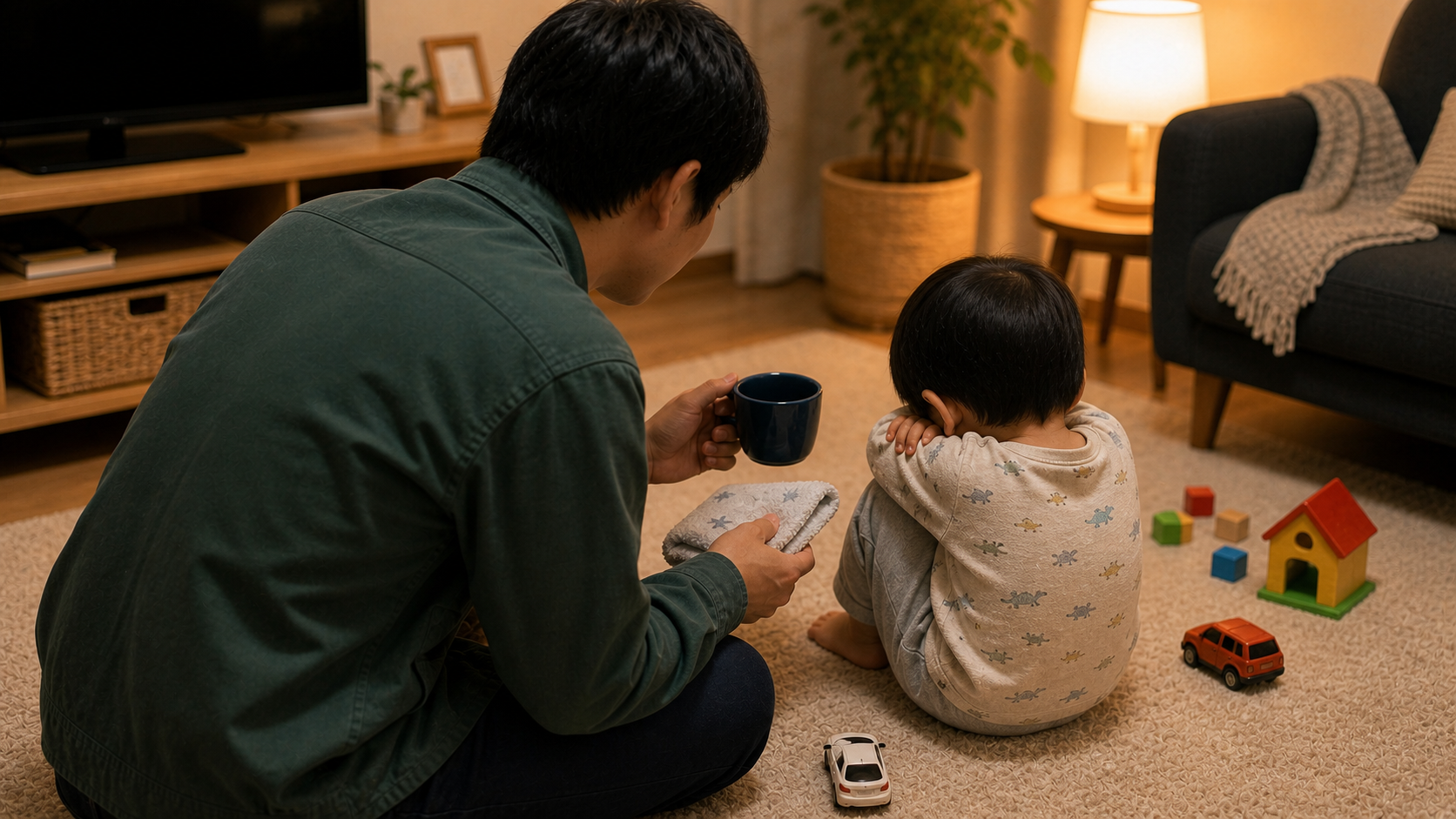 父親が2歳児に水分とタオルを差し出して落ち着かせる後ろ姿