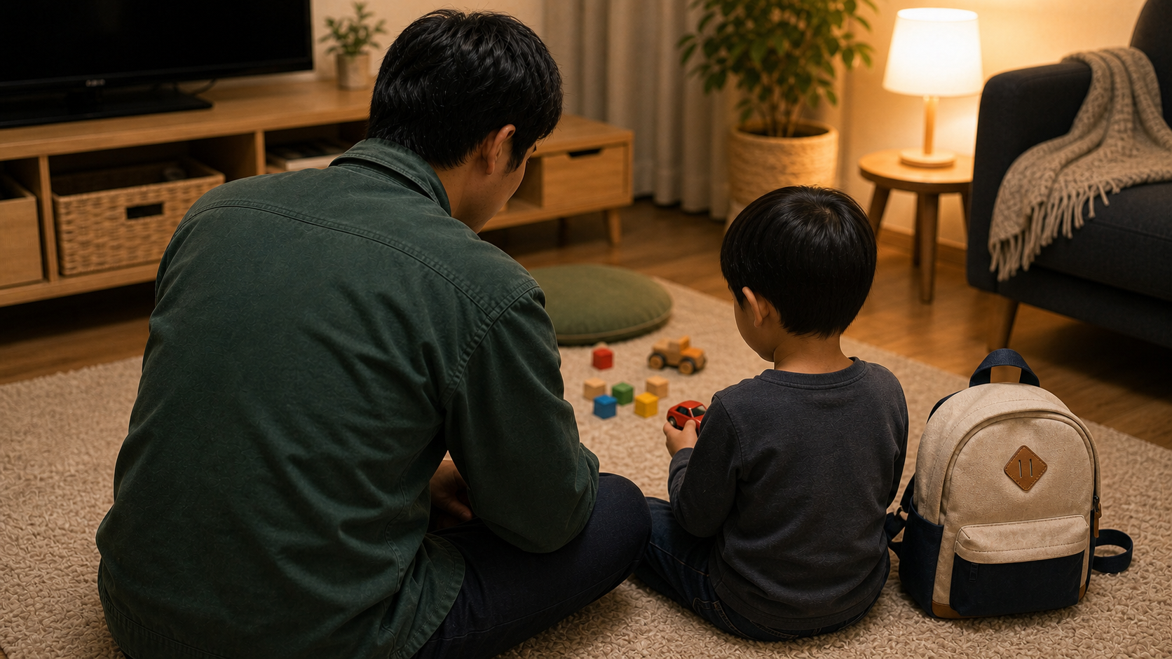 父親が5歳児の保育園帰りの話を聞く後ろ姿
