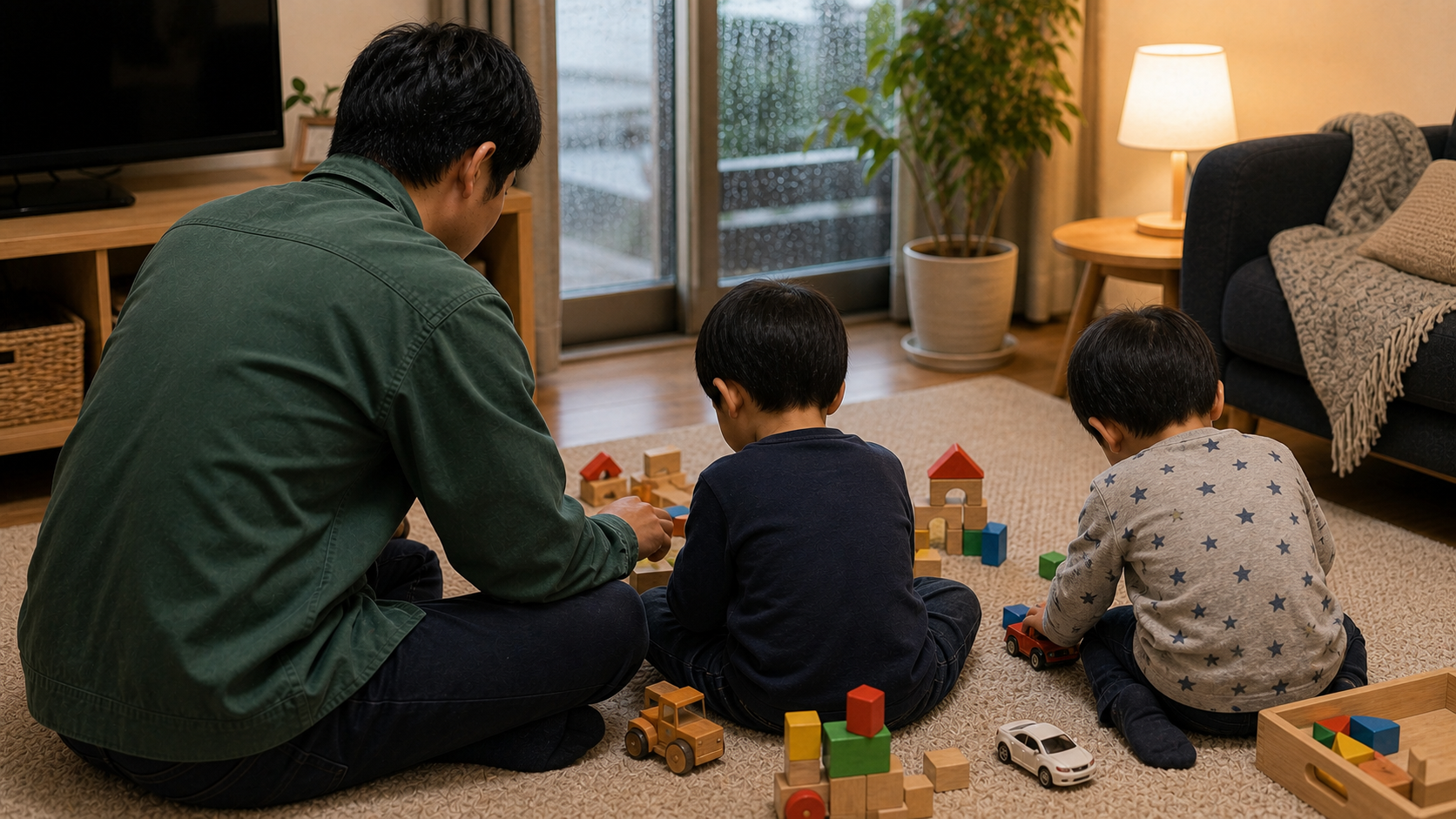 父親が雨の日に5歳と2歳の兄弟とブロックや車で遊ぶ後ろ姿