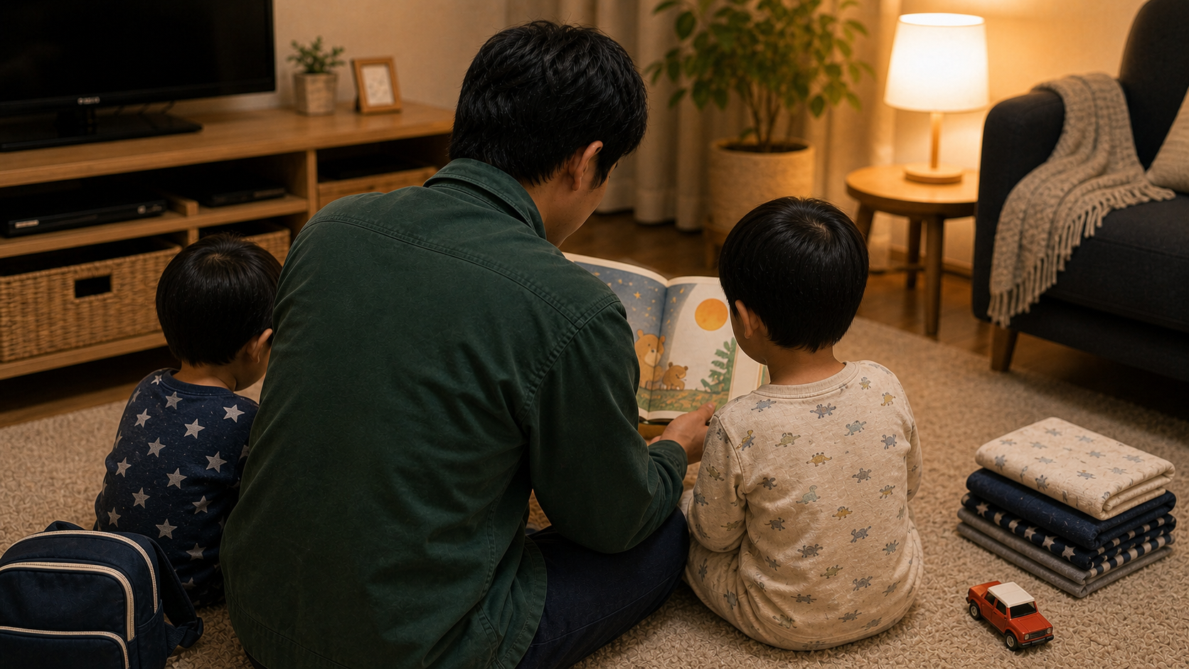 父親が5歳と2歳の兄弟に寝る前の絵本を読む後ろ姿