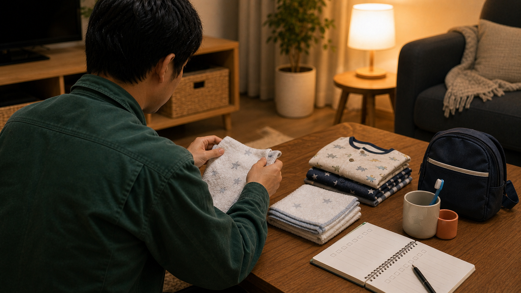 父親が2歳児の保育園準備の持ち物を整理する後ろ姿