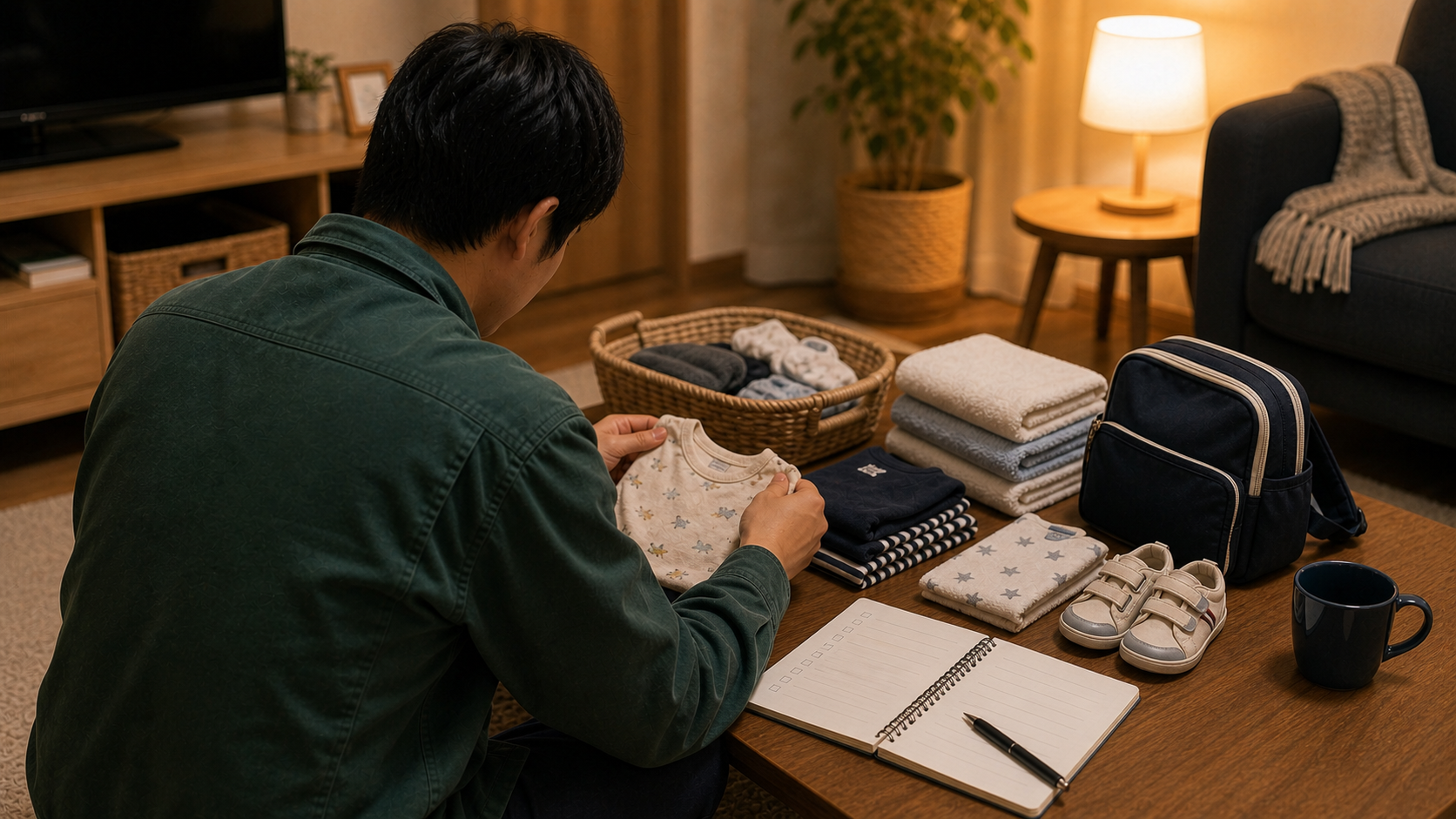 父親が子どもの服や保育園用品を整理する後ろ姿
