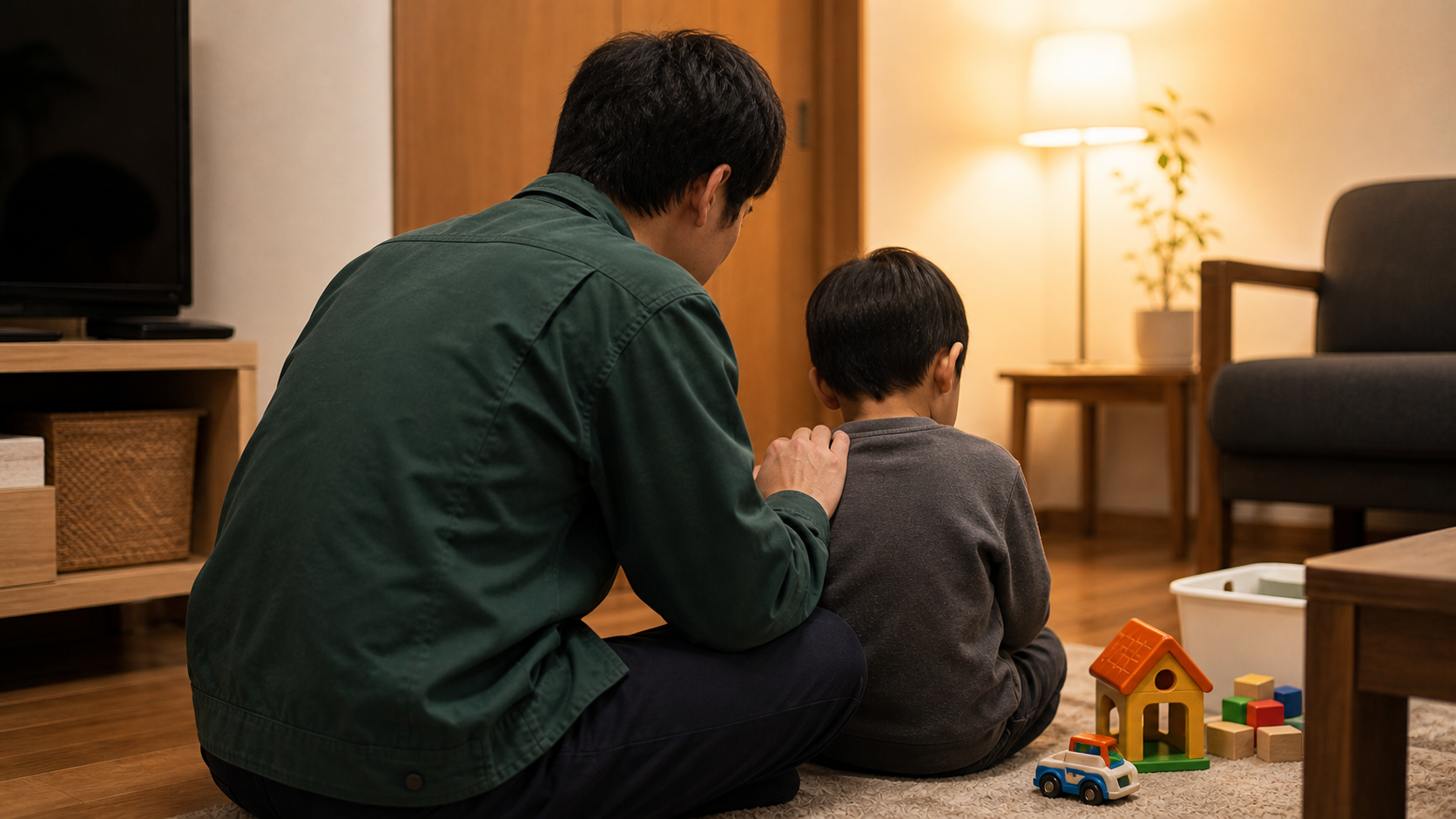 父親が子どもに落ち着いて話しかける後ろ姿