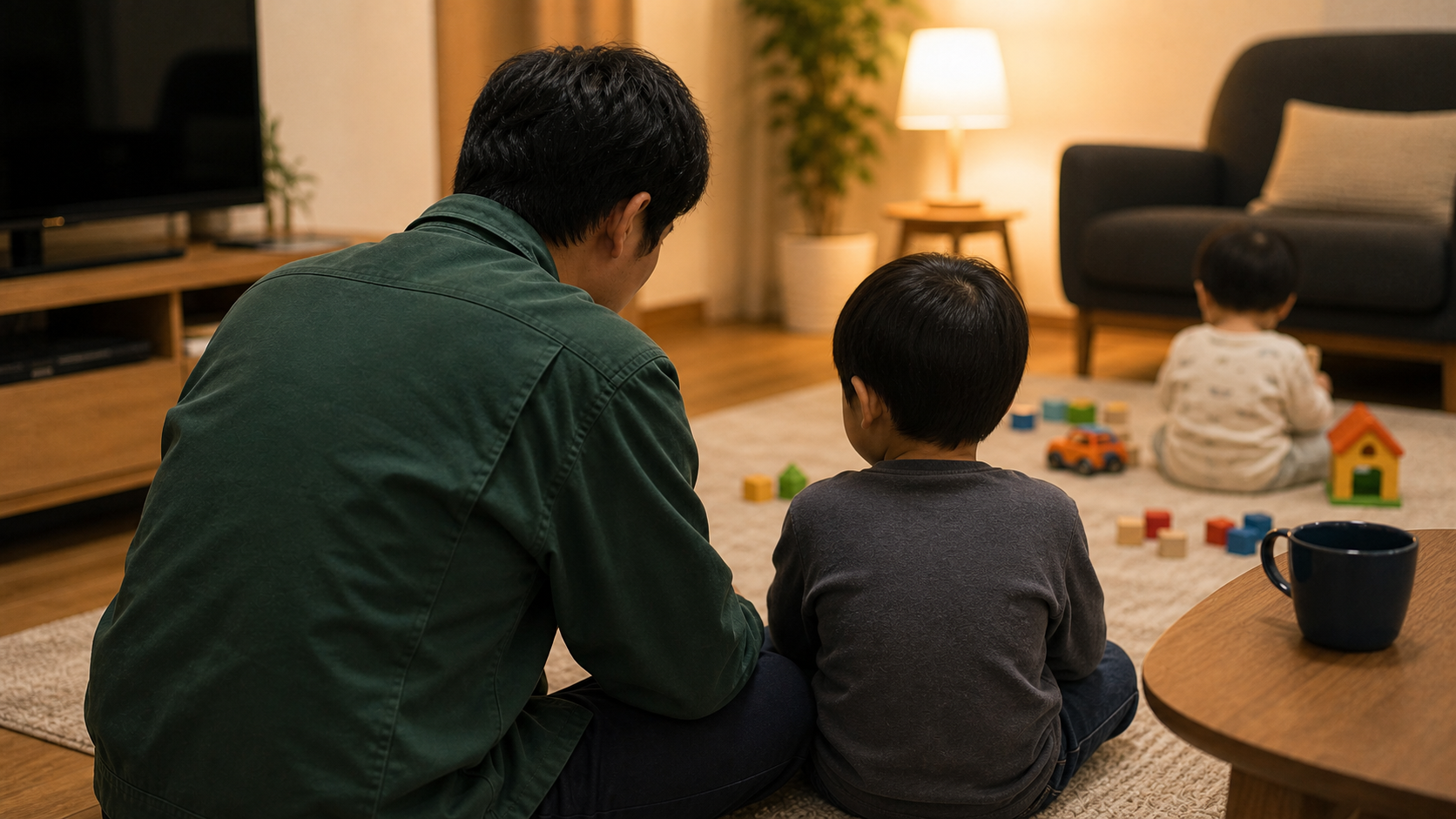 兄弟げんかの後に父親が上の子と落ち着いて話す後ろ姿