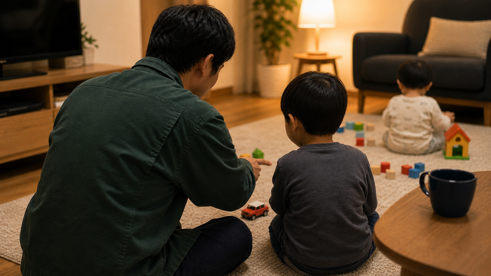 父親が5歳児におもちゃの順番を落ち着いて教える後ろ姿