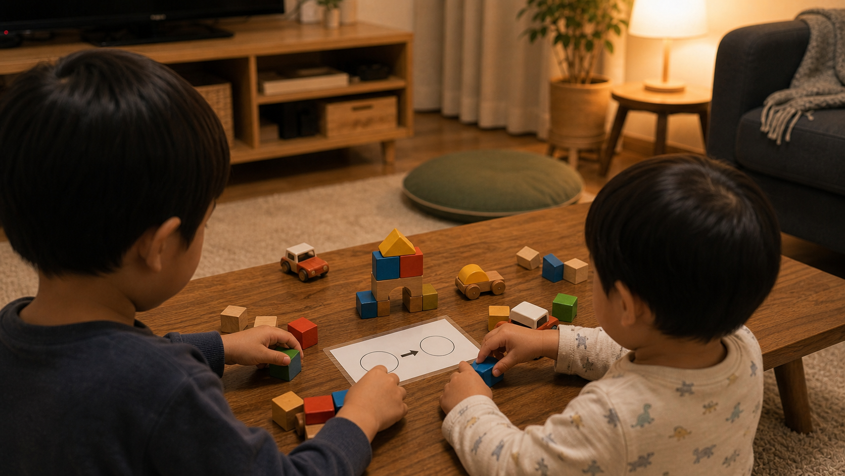 5歳と2歳の兄弟がおもちゃの順番を練習するリビング